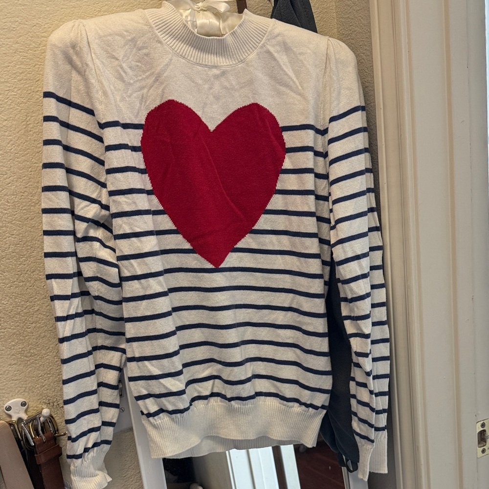 J. Crew White and Navy Striped Sweater with Red Heart
